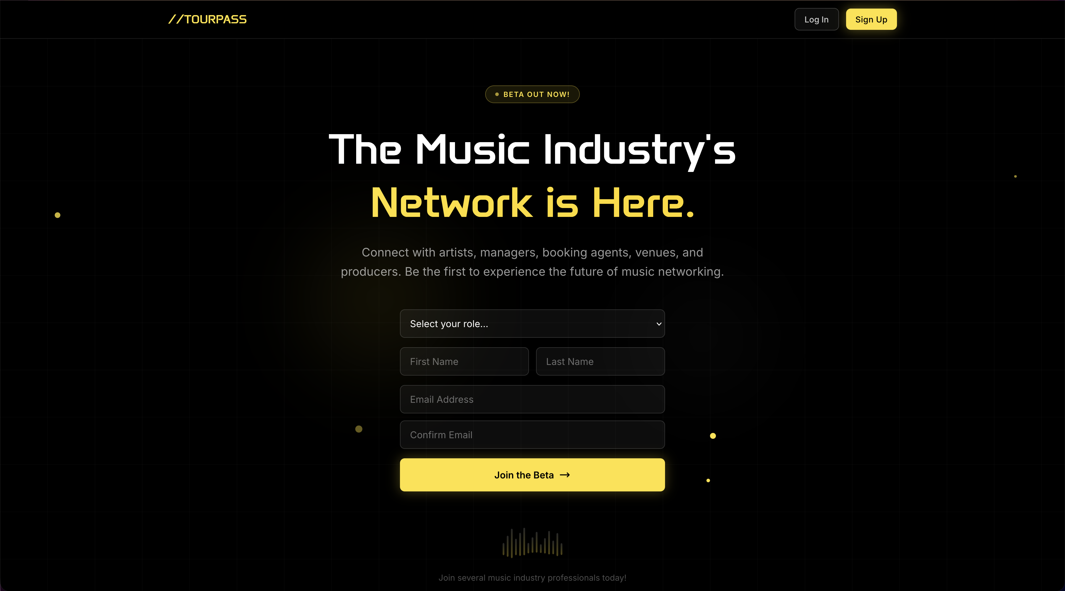 The Tourpass app landing screen with a signup form for music industry professionals